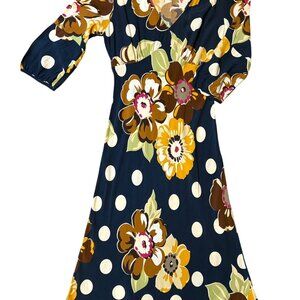 Boden 8L 12L UK Tea Dress Midi Empire Waist V Neck Bias Cut Blue Floral Retro